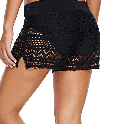 flowersverse Women's Swimwear Cover Up Swim Shorts Plus Size Swimsuit High Waist Drawstring Lace for Big Busts Crochet Solid Color Black Bathing Suits Sports Basic Essential Casual / New / Padless