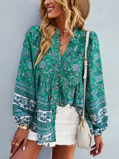 flowersverse Long Sleeve Button Floral Blouse