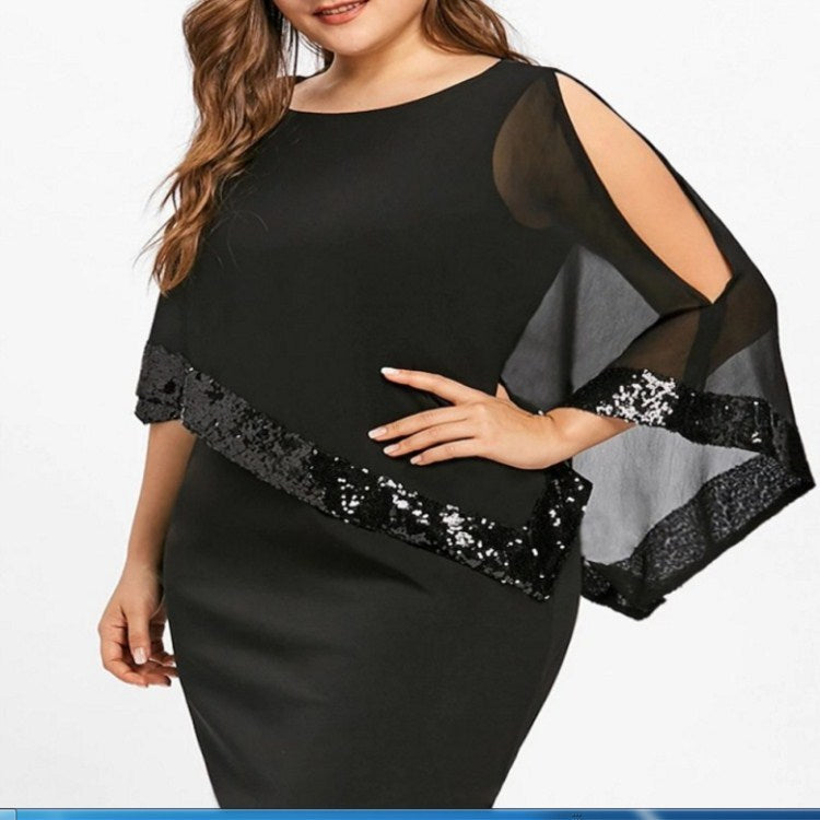 flowersverse Irregular Mid Waist Sequin Stitching Plus Size Women's Female Color Dress