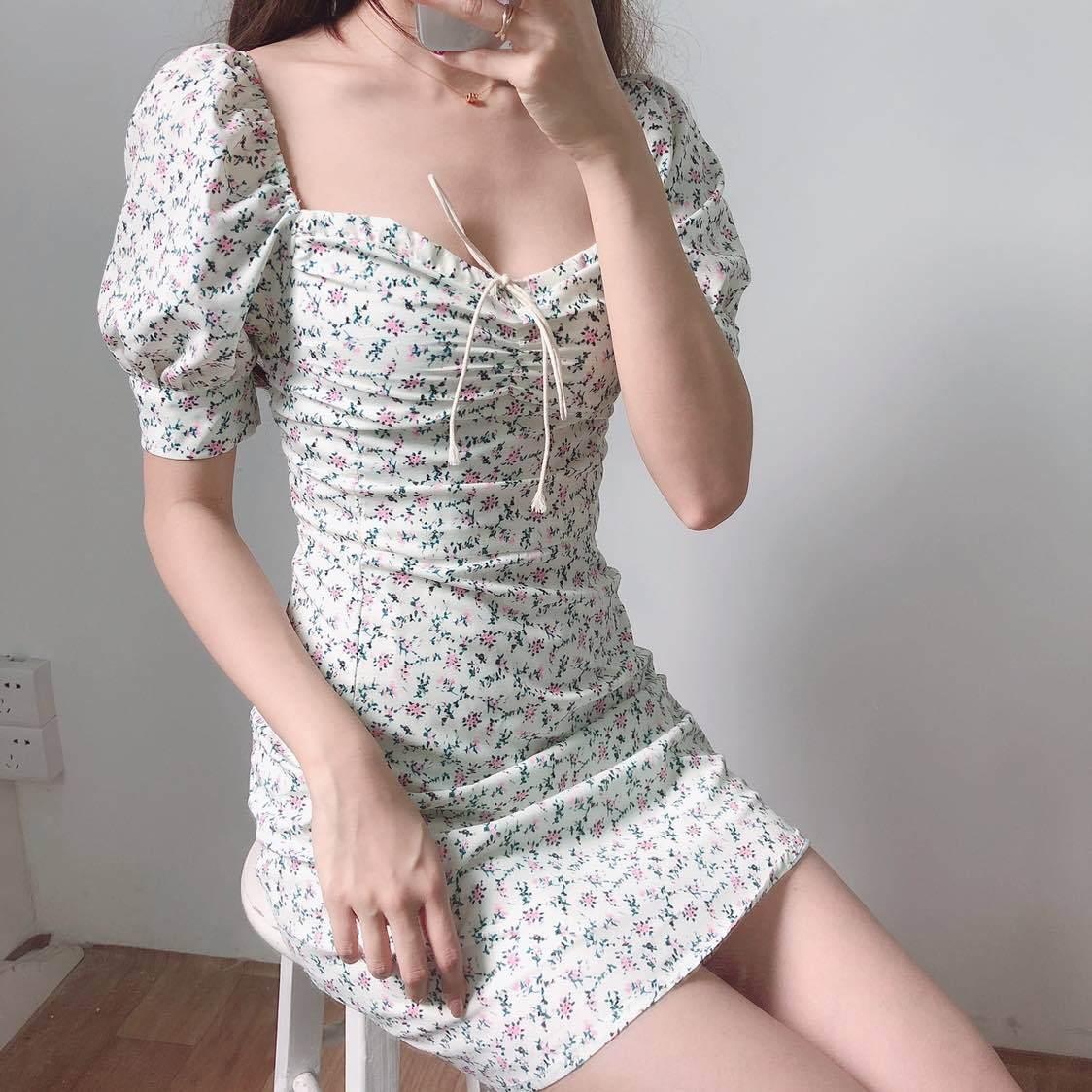 flowersverse Summer Dress Retro Boho Women Tie Neck Floral Print Floral Mini Sexy White Dress Elegant Puff Sleeve Dresses Korean Vestidos