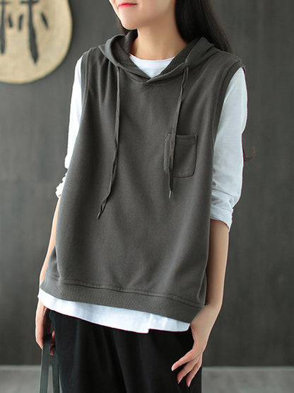 flowersverse Artistic Retro Solid Hooded Vest