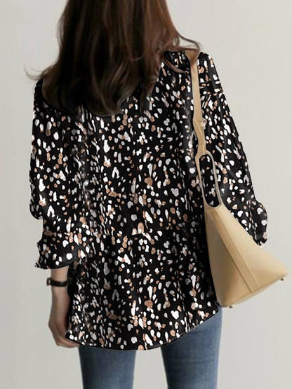 flowersverse Drawstring Elasticity Leopard Tied Long Sleeves Loose V-neck Blouses&shirts Tops