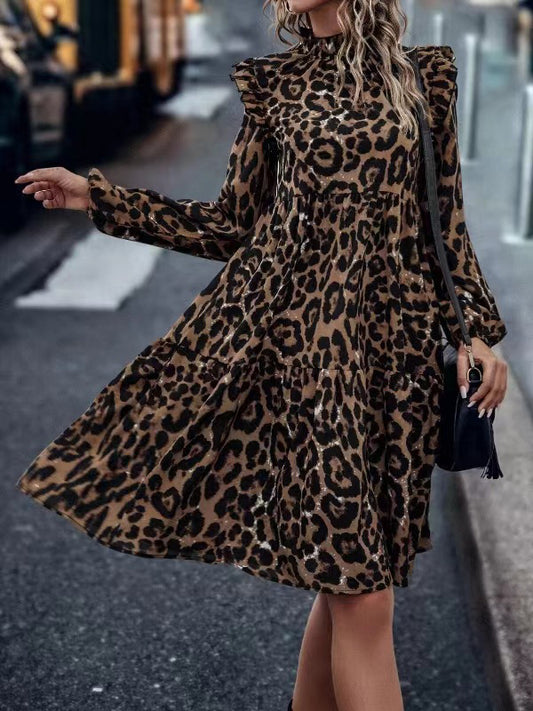 flowersverse Leopard Pleated Split-Joint Loose Puff Sleeves Stand Collar Midi Dresses