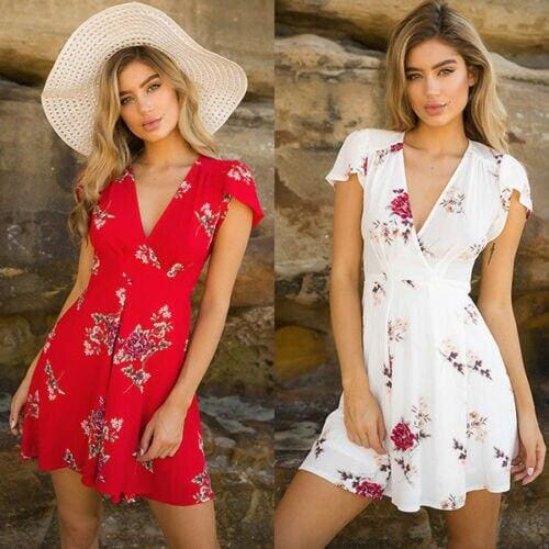 flowersverse Women Dress Short Sleeve Floral Printed Chiffon Lace Up Deep V-neck Casual Beach Dress Summer Fashion Dress For Women