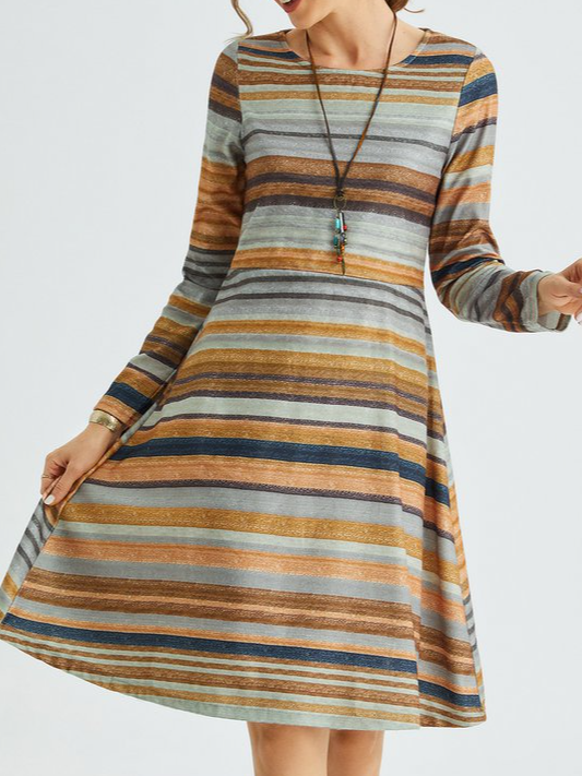 flowersverse Brown Casual Vintage Ombre/Tie-Dye Long Sleeve A-Line Knitting Dress