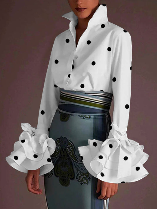 flowersverse Flared Sleeves Falbala Polka-Dot Lapel Collar Blouses&Shirts Tops