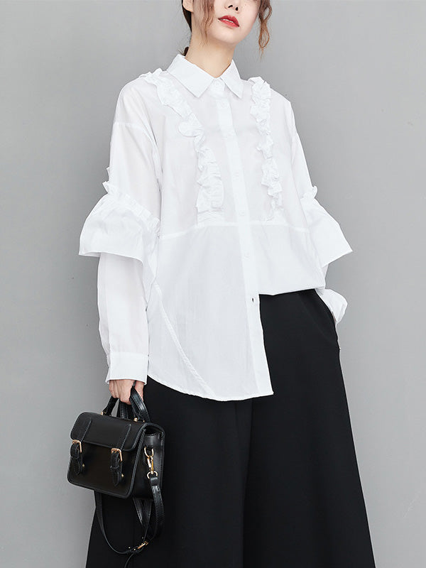 flowersverse Casual Loose Long Sleeves Buttoned Ruffled Solid Color Lapel Collar Blouses&Shirts Tops