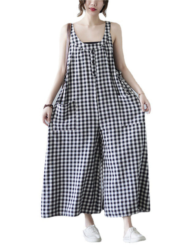 flowersverse Original Simple Casual Artistic Retro Plaid Wide Legs Jumpsuits