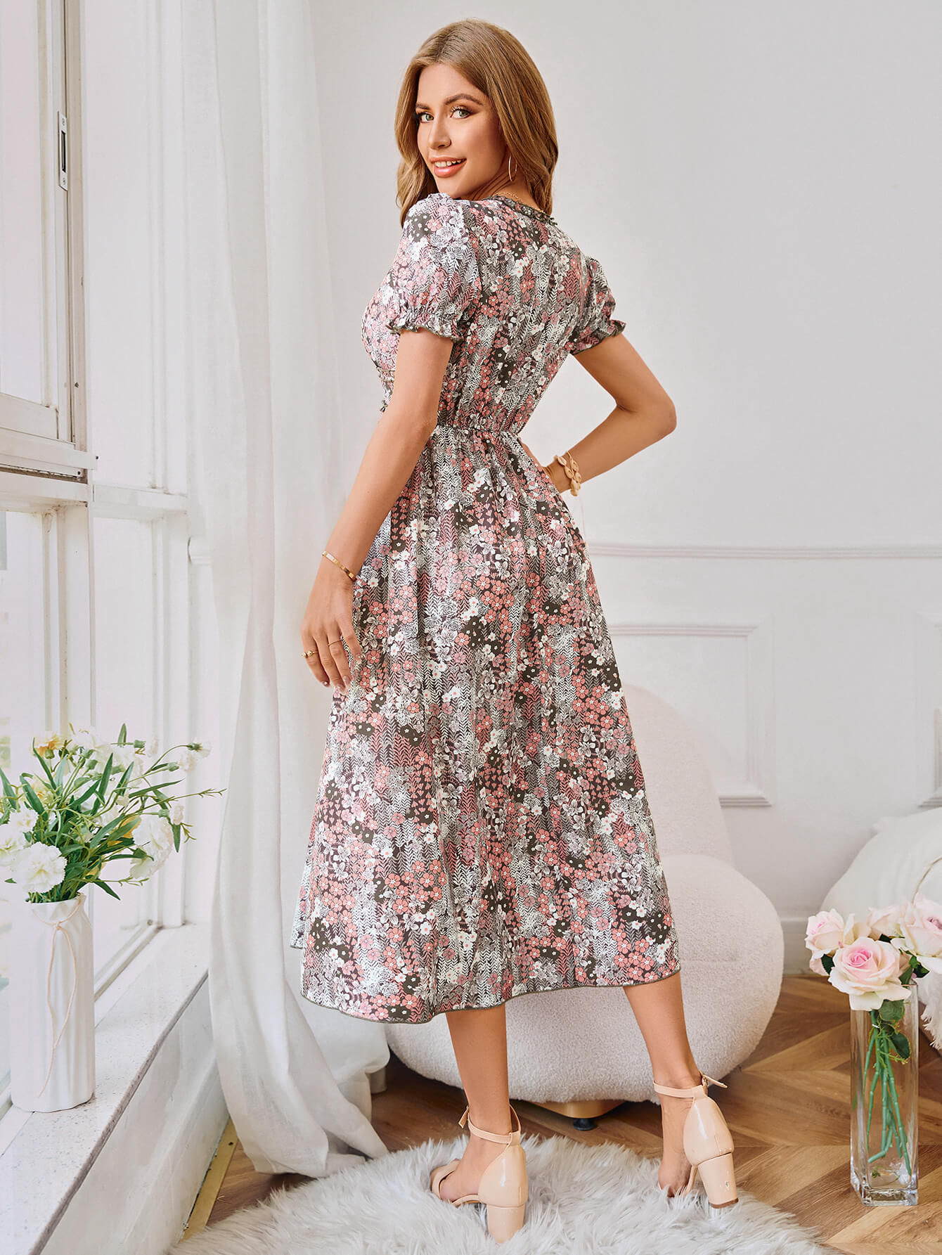 flowersverse GOLDIE SHORT SLEEVE FLORAL MAXI DRESS - BROWN