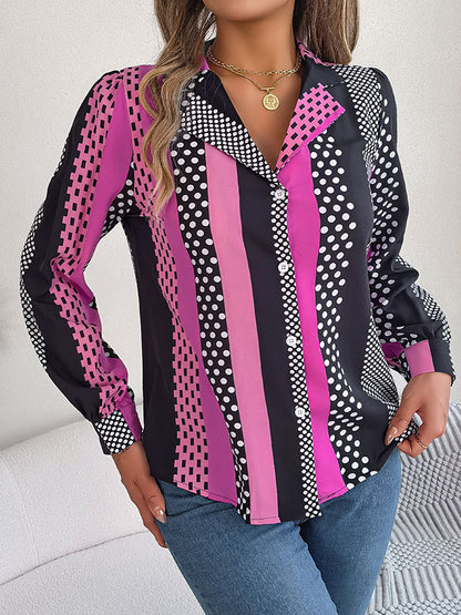 flowersverse Buttoned Contrast Color Polka-Dot Long Sleeves Notched Collar Blouses&Shirts Tops