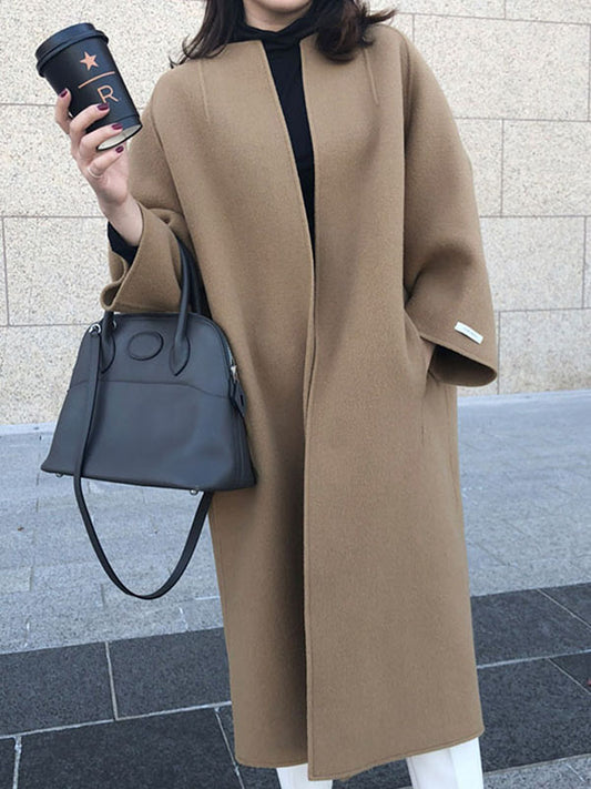 flowersverse Solid Color Long Sleeves Loose Collarless Woolen Coat