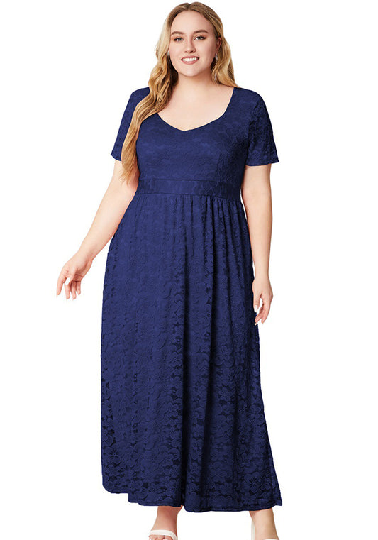 flowersverse Plus Size Women Short Sleeve Lace Dress