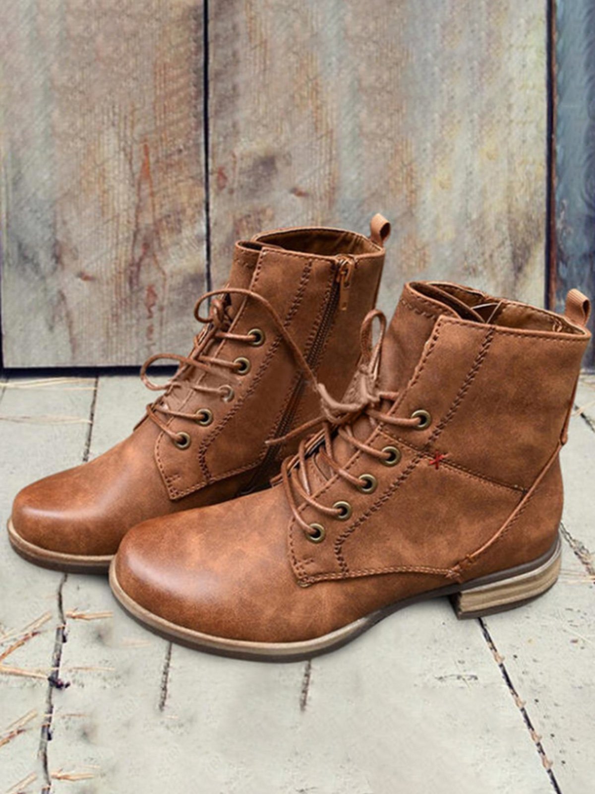 flowersverse Red Stitched Brown Leather Vintage Casual Boots