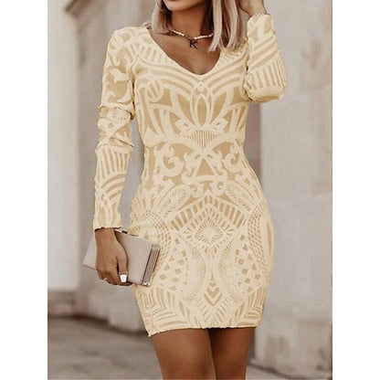 flowersverse Women's Work Dress Sheath Dress Semi Formal Dress Fashion Mini Dress Print V Neck Long Sleeve Floral Geometric Regular Fit Black White Wine Fall Spring S M L XL XXL