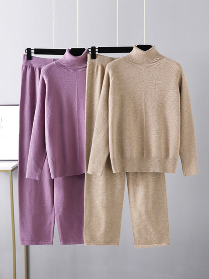 flowersverse Urban Long Sleeves Loose Solid Half Turtleneck Sweater Tops & Wide Leg Pants Two Pieces Set