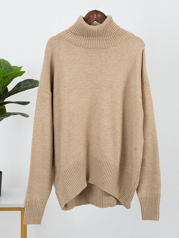 flowersverse Casual Long Sleeves Loose Solid Color High-Neck Sweater Tops