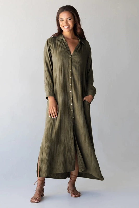 flowersverse Autumn Breeze Green Crinkle Button Up Casual Split Shirt Maxi Dress