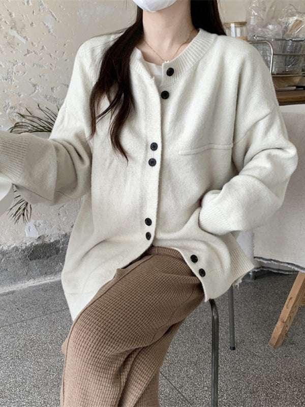 flowersverse Buttoned Long Sleeves Loose Round-neck Cardigan Tops