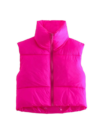 flowersverse Skinny Sleeveless Solid Color Zipper Stand Collar Padded Vest Vest Top