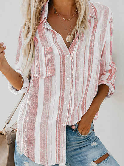 flowersverse Buttoned Pockets Striped High-Low Long Sleeves Lapel Blouses&Shirts Tops