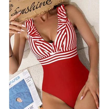 flowersverse Women's Swimwear One Piece Normal Swimsuit Printing Stripe Black Red Blue Bodysuit Bathing Suits Sports Summer