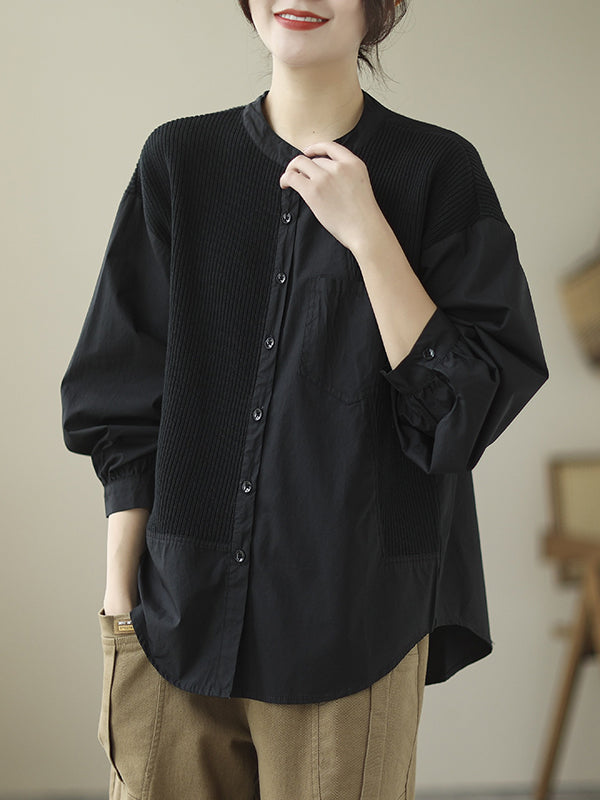 flowersverse Asymmetric Buttoned Pockets Split-Joint Long Sleeves Loose Round-Neck Blouses&Shirts Tops