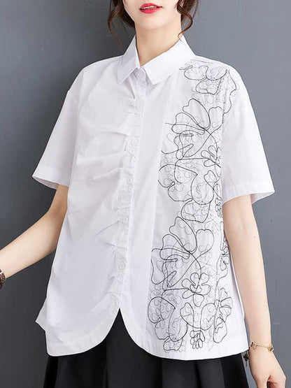 flowersverse Buttoned Embroidered Pleated Irregularity Loose Lapel Collar Blouses&Shirts Tops