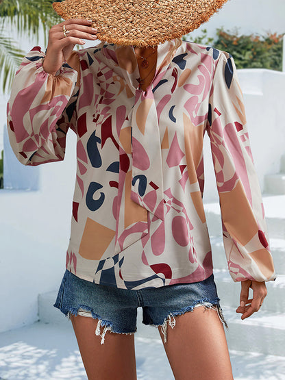 flowersverse Elasticity Printed Tied Bishop Sleeve Long Sleeves V-Neck Blouses&Shirts Tops