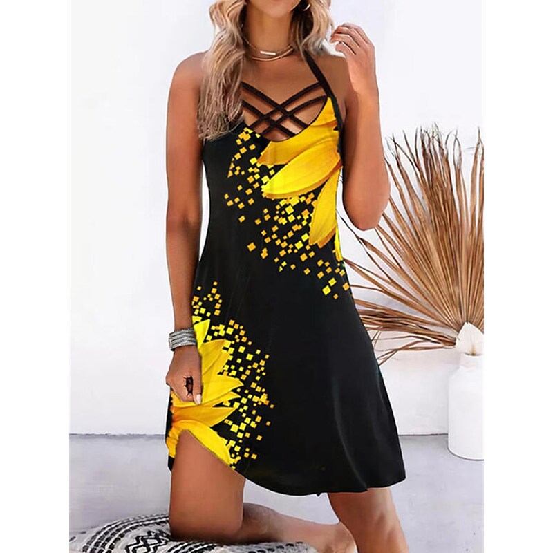 flowersverse Women's Casual Dress Slip Dress Print Dress Floral Backless Print Strap Mini Dress Active Fashion Outdoor Daily Sleeveless Slim Black Yellow Royal Blue Spring Summer S M L XL XXL