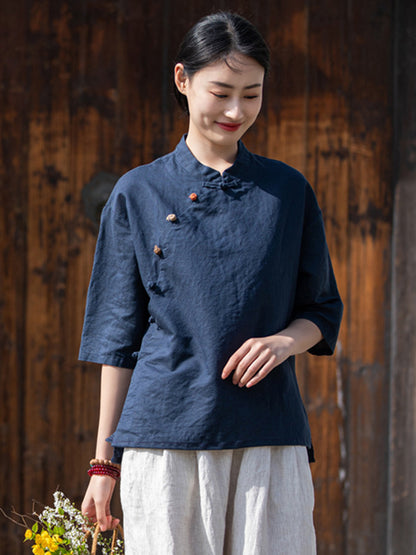 flowersverse Artistic Retro Loose Half Sleeves Buttoned Contrast Color Stand Collar Blouses&Shirts Tops