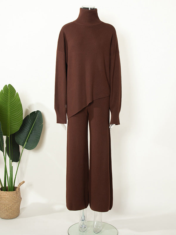 flowersverse Casual Solid Color Irregularity High-Neck Sweater& Wide Leg Pants Suits