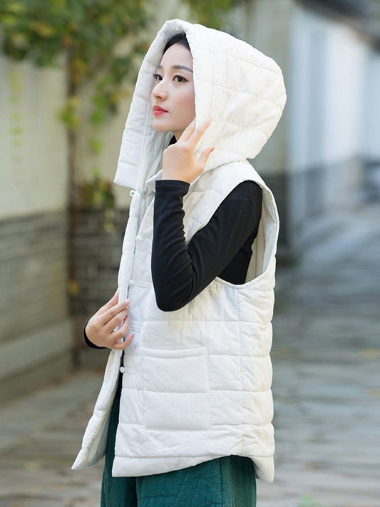 flowersverse Simple Sleeveless Loose Keep Warm Cotton Quilted Solid Color Hooded Vest Outerwear