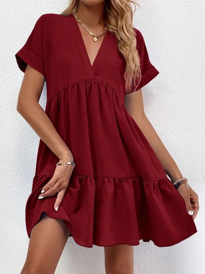 flowersverse Women's Clothing Sweet V-neck Solid Color Wide Hem Casual Skirt Dress