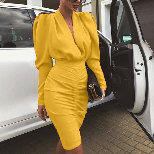 flowersverse Women Leg-of-Mutton Sleeve Plunge Party Dress Slim Waist Ruched Bodycon Dress Solid Yellow Red Black Robe Femme