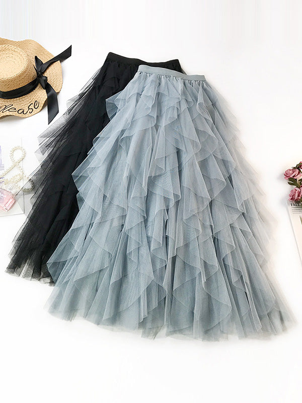 flowersverse Solid Color Irregular Tiered Gauze Skirt