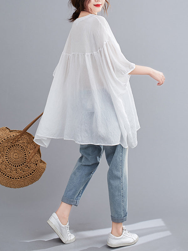 flowersverse Pleated See-Through Solid Color Half Sleeves Loose Round-neck Blouses&shirts Tops