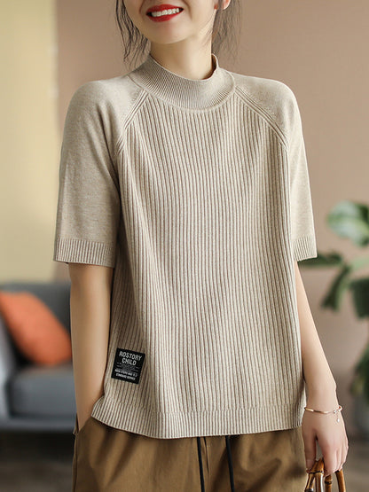 flowersverse Simple Long Sleeves Loose Solid Color High-Neck Sweater Tops