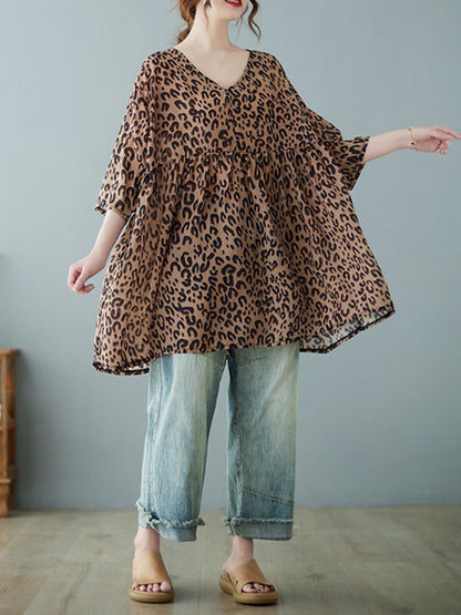 flowersverse Leopard Half Sleeves Loose V-neck T-Shirts Tops Blouses&shirts Tops