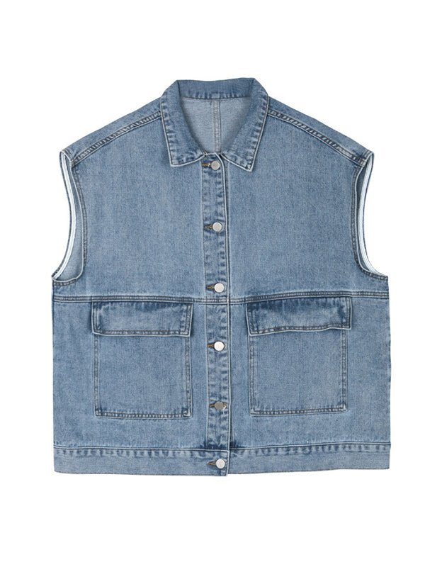 flowersverse Simple Split-Joint Solid Color Denim Vest Outerwear