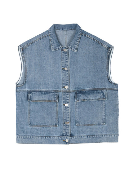 flowersverse Simple Split-Joint Solid Color Denim Vest Outerwear