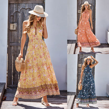 flowersverse Bohemian Printed Polyester Casual Halter Long Women's Dress