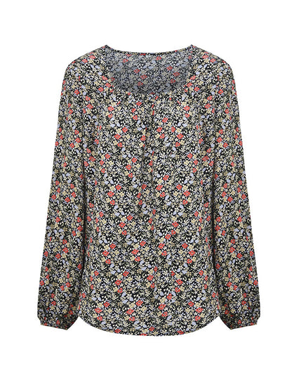 flowersverse Flower Print Bishop Sleeve Long Sleeves Square-Neck Blouses&Shirts Tops