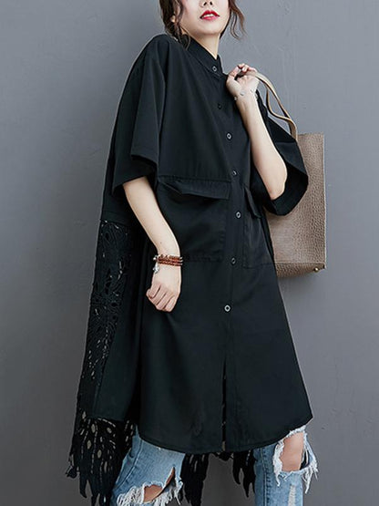 flowersverse Loose Split-Joint Hollow Solid Long Blouse