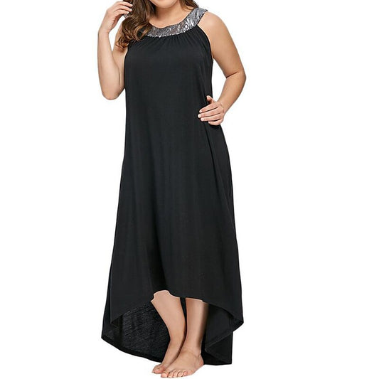 flowersverse Women's Plus Size Casual Dress Swing Dress Solid Color Long Dress Maxi Dress Sleeveless Asymmetric Crew Neck Fashion Party Black Red Fall Spring XL XXL 3XL