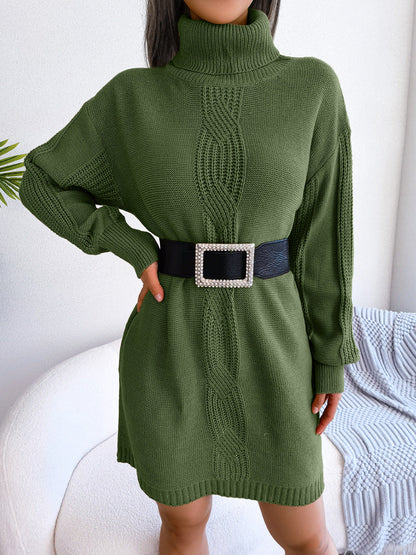 flowersverse Casual Turtleneck Twist Lantern Basic Model Sleeve Dress Women's Sweater