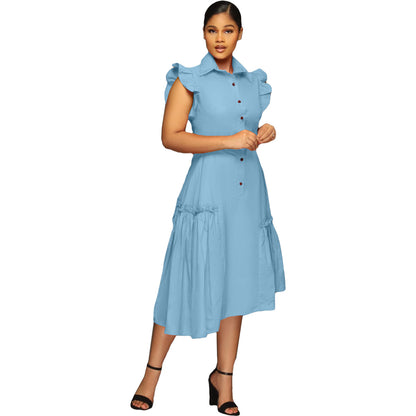 flowersverse Trendy Shirt Collar Irregular Ruffle Edge Swing Dress