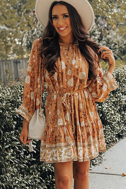 flowersverse Camel 3/4 Sleeve Tie-Waist Pleated Boho Floral Mini Dress