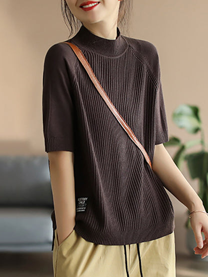 flowersverse Simple Long Sleeves Loose Solid Color High-Neck Sweater Tops