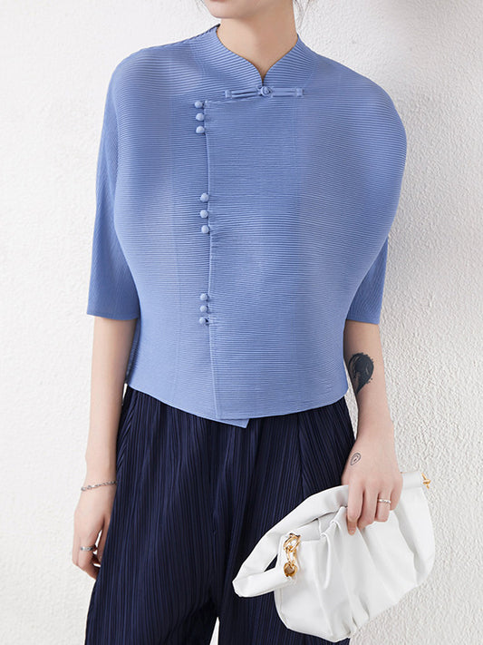 flowersverse Vintage Loose Half Sleeves Buttoned Asymmetric Solid Color Stand Collar Blouses&Shirts Tops