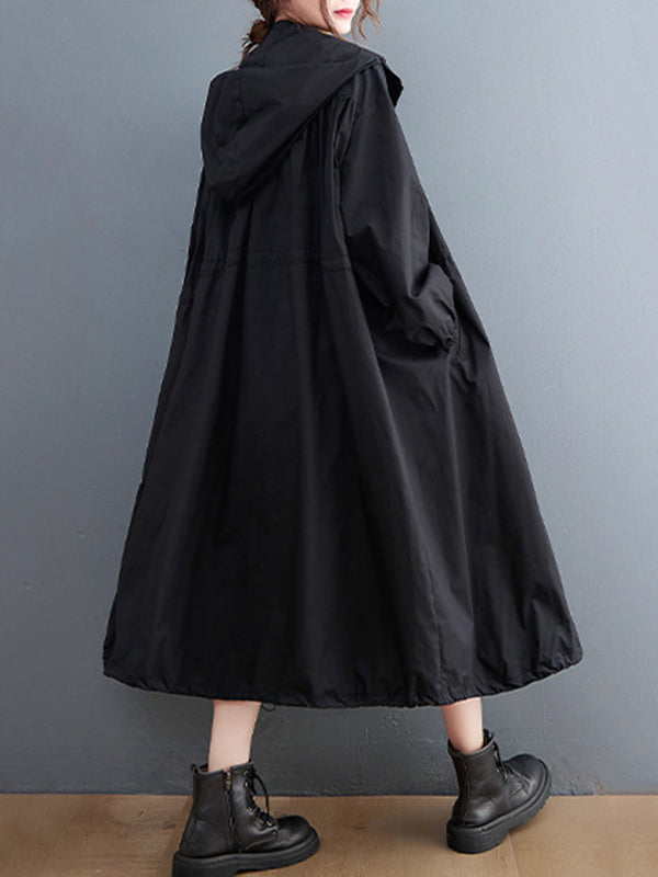 flowersverse Casual Loose Solid Color Zipper Drawstring Long Sleeves Hooded Trench Coat